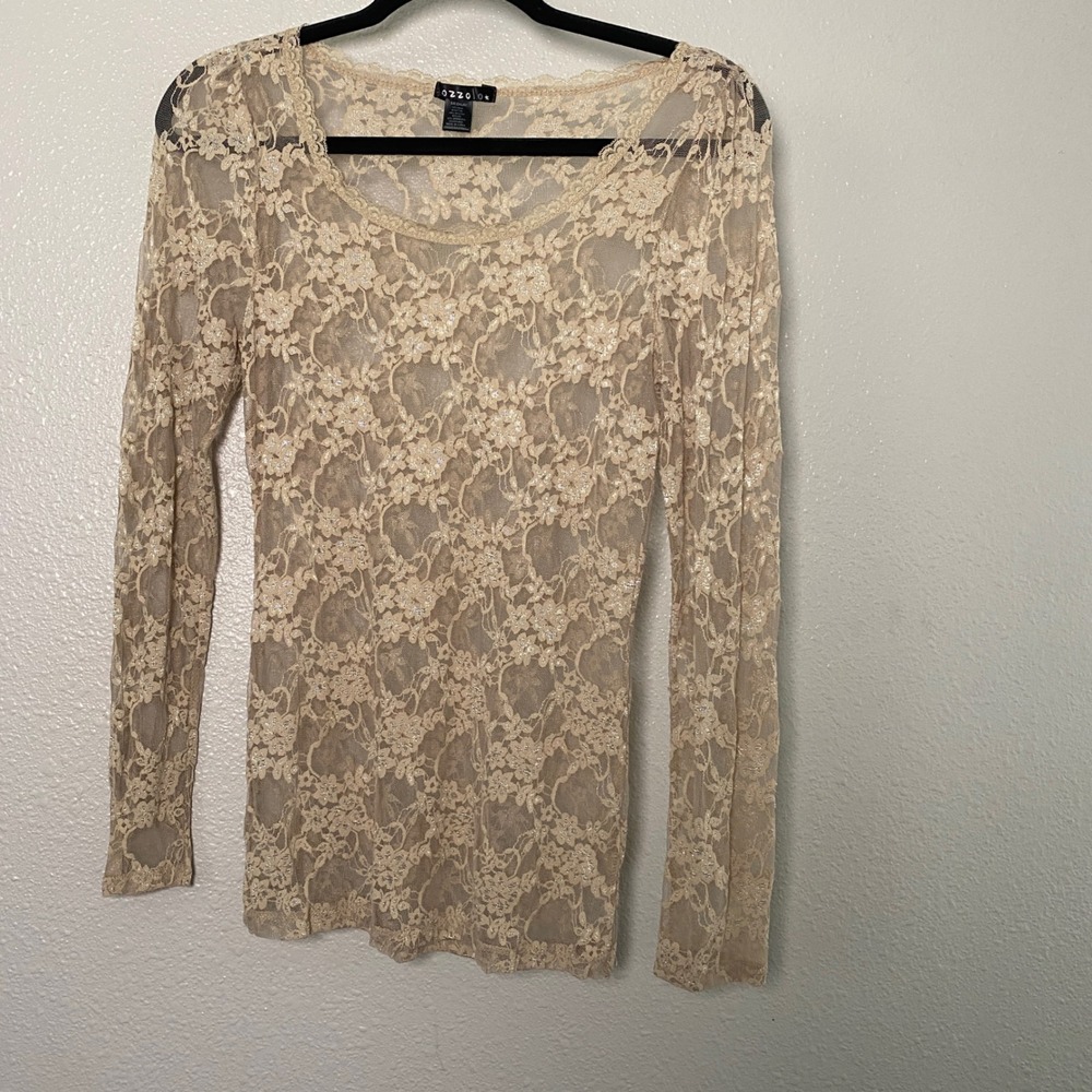 Tan Sheer Lace Top Medium Fairycore Festival Mesh Bohemian Boho Hippie Layering